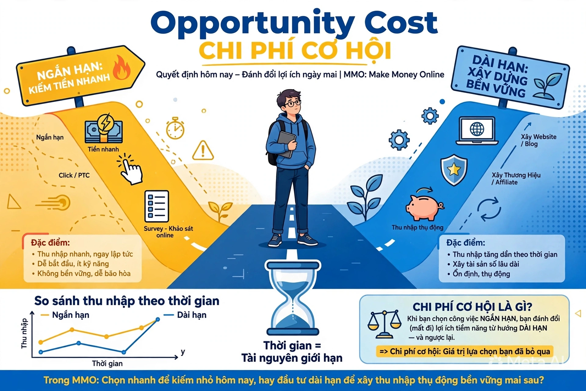 Khái niệm Opportunity Cost chi phí cơ hội trong MMO trực quan hóa qua việc lựa chọn công việc ngắn hạn và dài hạn
